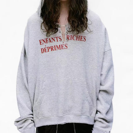 In-Stock Melancholic Rich Kid Style 25Ss Floral Gray Distressed Slogan Cardigan Collar Pin Sweatshirt Hoodie