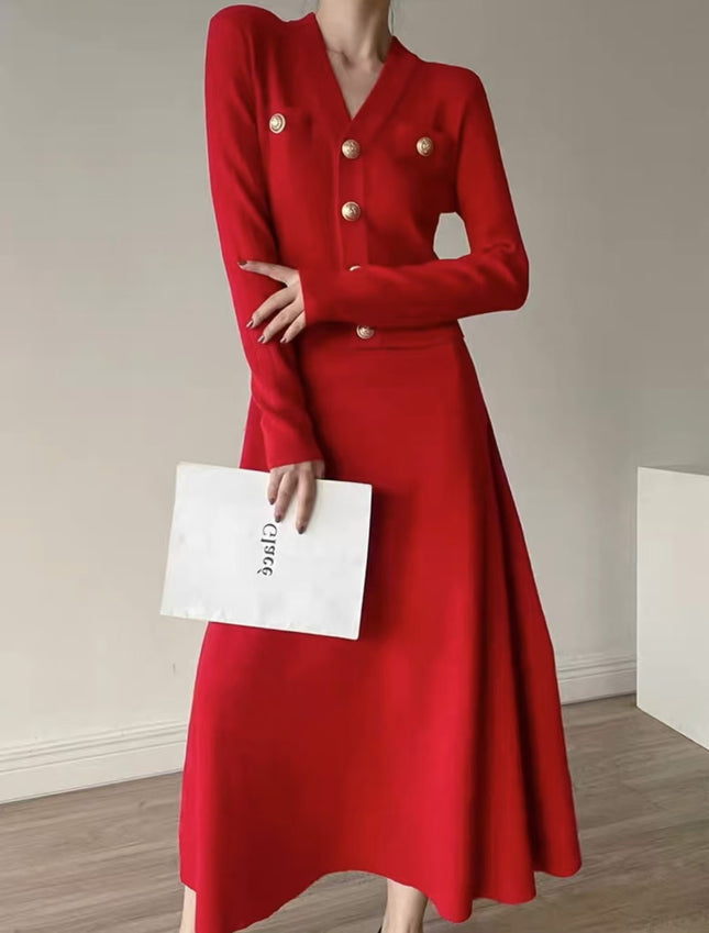 Star Same Style Red Knitted dress Women's Christmas New Year's Daily Engagement Toast Dress Black Tea Style Sweater Dress