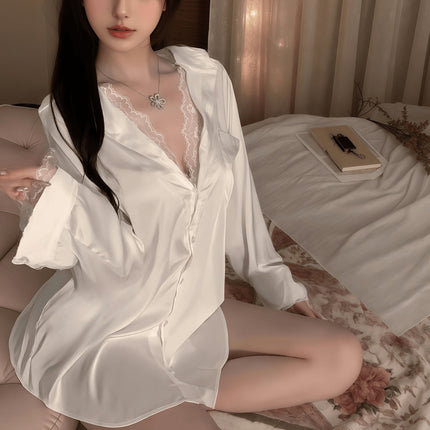 Sexy Pajamas Women's Spring and Summer Ice Silk Boyfriend Style Shirt Shorts Temptation Lace Mid-Length Home 346 Set
