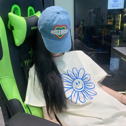 Ins Korean Style Spring and Autum Girls Smiling Face Short-Sleeved T-Shirt Printed Korean Style