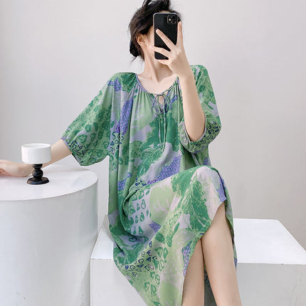 Mishiti Cotton Silk New Chinese Style Short-Sleeved Nightgown for Women, Summer Thin Style, National Style Cotton Silk Home Wear, Can Be Worn Outside