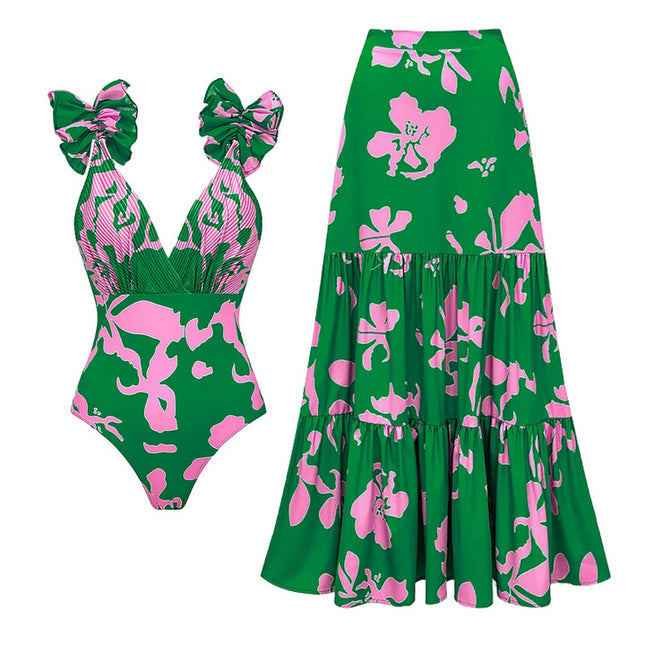 2024 European and American Swimwear New Printed Vacation Swimwear Umbrella Skirt suit Women's Cross-border Explosions 25174