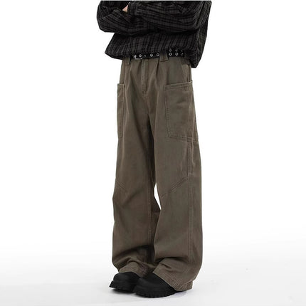 Maillard High Street Retro Coffee-Colored Large Pocket Cargo Pants for Men Versatile Loose Wasteland Style Brown Straight-Leg Trousers