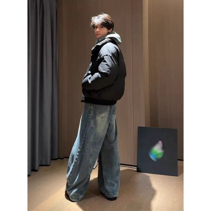 Boys' Cool and Handsome Outfits, High-End, Handsome Wide-Leg Jeans, Cotton Clothes, Two-Piece Set, Winter Matching Set