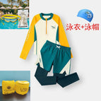 6018#Yellow split swimsuit + swimming cap + yellow large frame swimming goggles + yellow buoyancy arm air pump / Size 100 (height about 90cm)