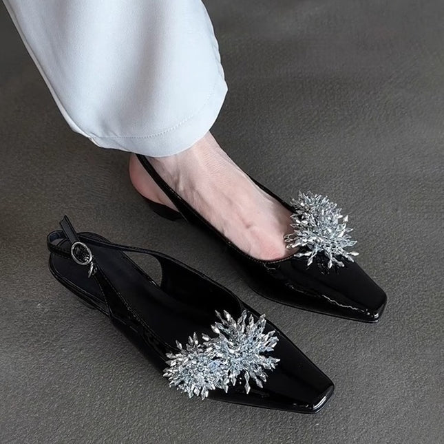 Sheepskin Version ~ French New Style Shallow Mouth Square Toe Evening Shoes for Women Black Elegant Smoke Shower Back Strap Toe Sandals