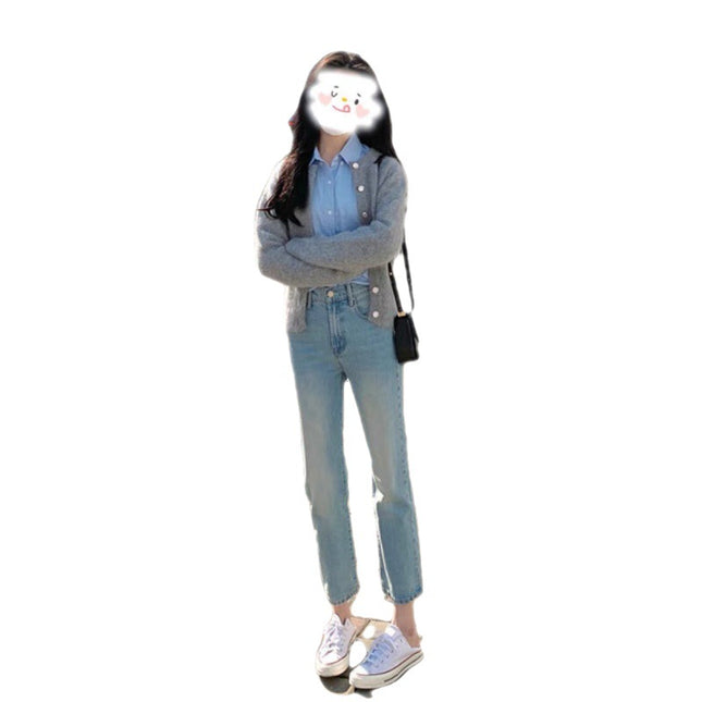 Autumn 2023 Korean women's clothing can be worn with salt and sweet for small people fashion casual knitted cardigan two-piece suit