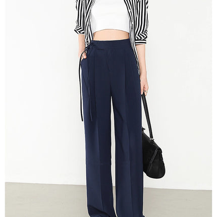 Navy Blue Women's Suit Pants New Chinese Style Tie Pants Drape Slimming Straight Wide-Leg Pants Extended Length