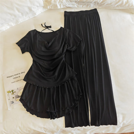 Girls' Pajamas Modal Cotton Short-Sleeved Shorts Summer Lace Women's Three-Piece Casual Home Wear Set with Breast Pads