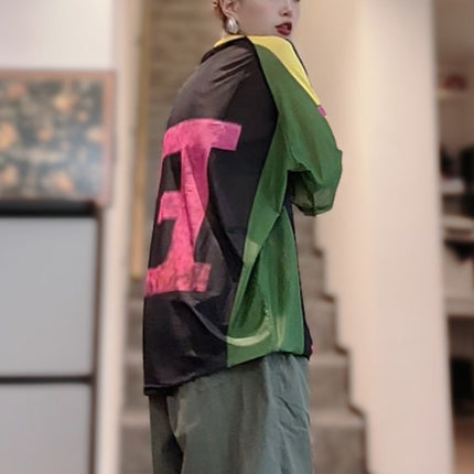 Contrast Color Mesh T-Shirt Bottoming Shirt for Women Creative Military Green Printed Loose Mid-Length Pullover Sun Protection Mesh Shirt Top t