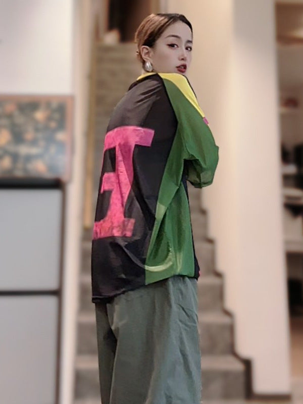 Contrast Color Mesh T-Shirt Bottoming Shirt for Women Creative Military Green Printed Loose Mid-Length Pullover Sun Protection Mesh Shirt Top t