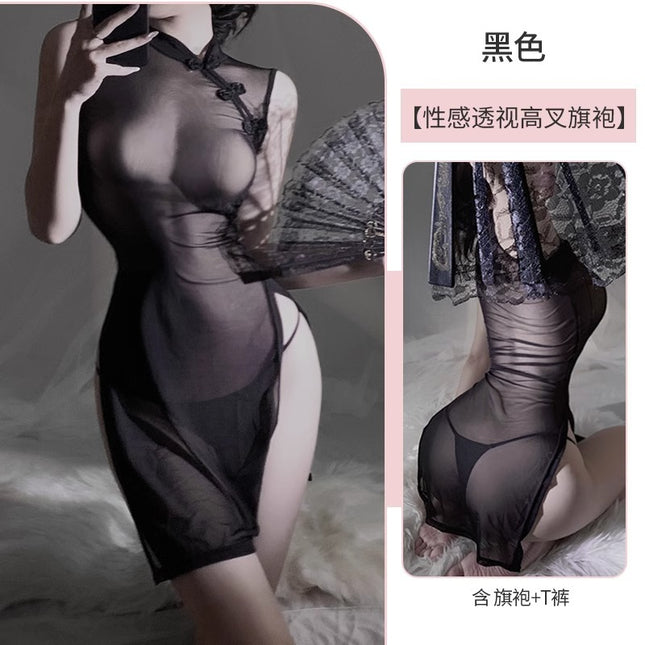 Sexy Underwear Sexy Perspective Cheongsam Passion No-take-off Dating Robe 2024 New Uniform Temptation Transparent Pajamas
