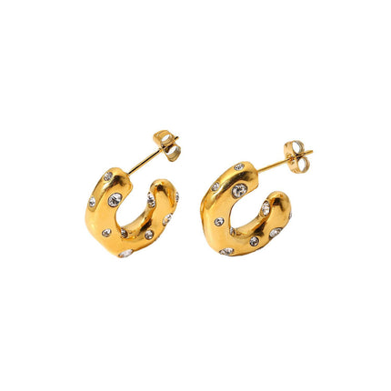 European and American Ins Irregular Hammered Zircon C-Shaped Hoop Earrings 18K Gold-Plated Stainless Steel Earrings Women's Geometric Hammered Earrings