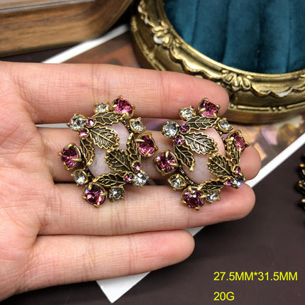 Retro Style Versatile Earrings Ring Leaf Design Copper Material Diamond Pink Crystal Topaz Old Gold Ring Set Jewelry