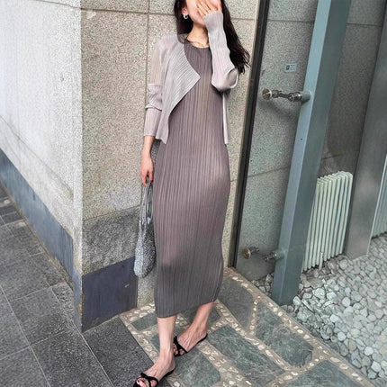 Miyake Women's Pleated dress Summer Long High-end Slimming Straight Sleeveless Vest Long Dress Slim-fit One-step Dress