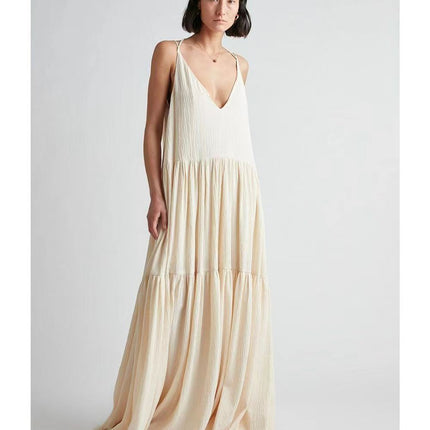 2024 Women's Loose Solid Color Pleated Irregular dress Beach Strap Long Dress