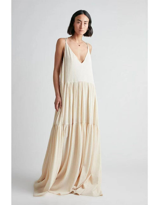 2024 Women's Loose Solid Color Pleated Irregular dress Beach Strap Long Dress
