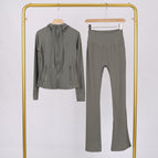 Sage green hooded jacket and bell bottoms suit