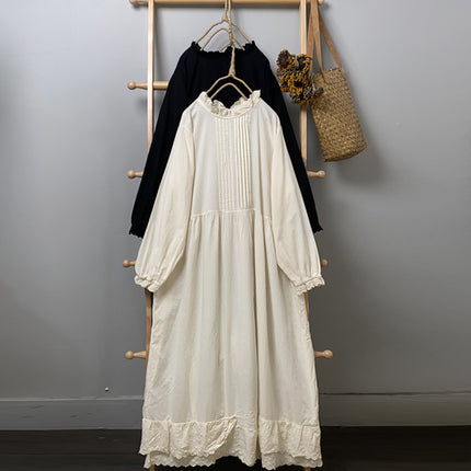 Artistic Retro Autumn Solid Color Long-sleeved Dress All-match Casual Slimming Cotton and Linen Lace Collar Base Dress for Women
