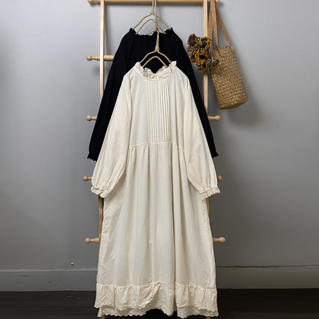 Artistic Retro Autumn Solid Color Long-sleeved Dress All-match Casual Slimming Cotton and Linen Lace Collar Base Dress for Women