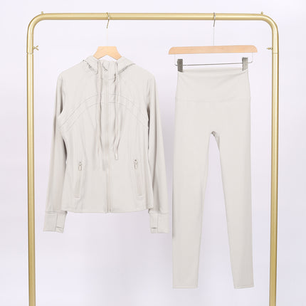 Lulu Df Stamped Hooded Jacket and Cropped Pants Set, Tight-Fitting Stretch Jacket with Gold Zipper, Fitness Yoga Outfit