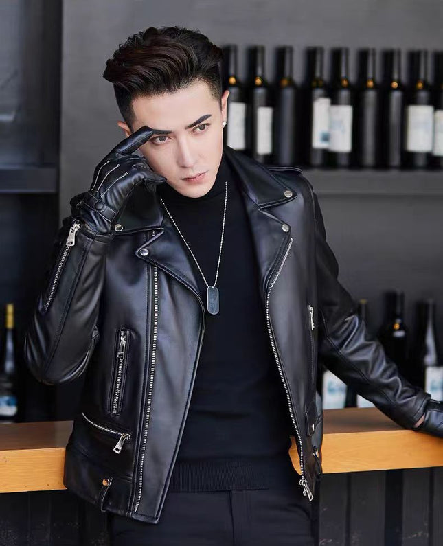 Men's Pu Leather Jacket Men's High-End 2025 New Spring & Fall Korean Style Slim Trendyy Motorcycle Jacket Men's Leather Jacket