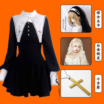 Evil Nun! Halloween Cos Costume Contrast Style Blackened Gothic Dark Style Horror Dress for Adult Women