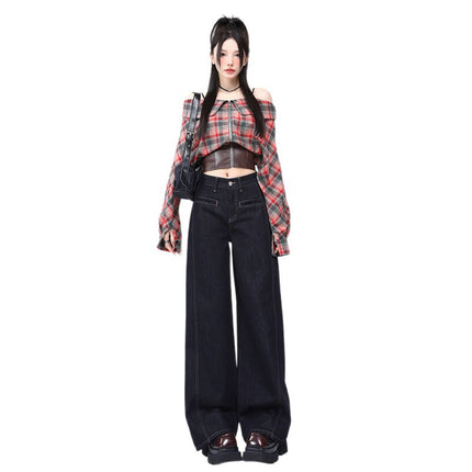 Denim Color Pocket Design High-Waisted Jeans for Women, 2025 Spring and Autumn New Style, Loose Fit, Slimming, Floor-Length Wide-Leg Pants