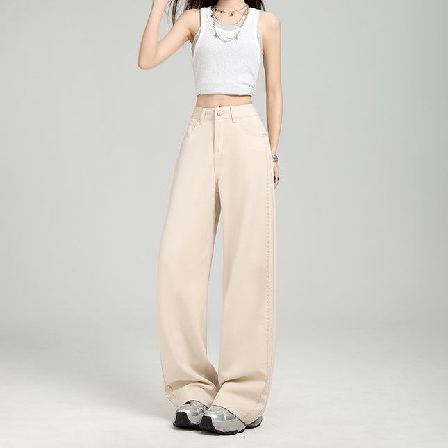 Anti-Wrinkle Four-Way Stretch Ykk Loose Wide-Leg Pants Floral Summer Slimming Versatile Apricot Embossed Floor-Length Casual Jeans