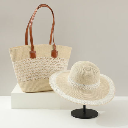 Ready Supply of Large-Capacity Straw Bag Set, Large-Brimmed Sunshade Straw Hat, Single-Striped One-Shoulder Woven Beach Bag for Women, Trendy