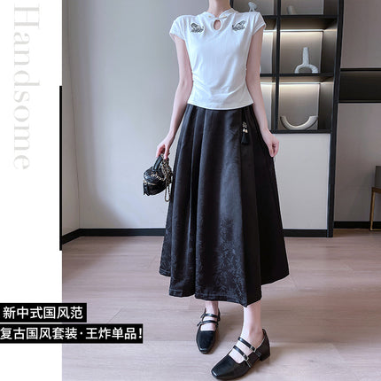 New Chinese-style Xi Shi Skirt Spring and Summer Skirt Solid Color Stitching Long National Style Breathable Casual All-match Slimming Large Swing Skirt