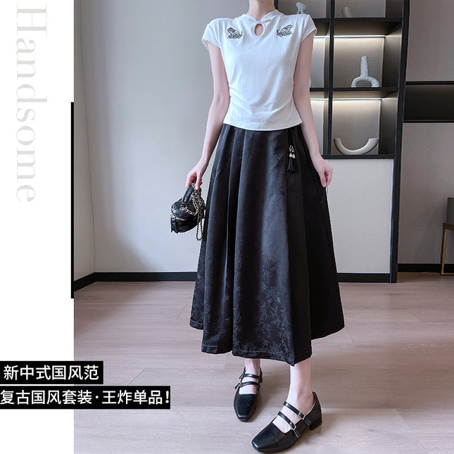 New Chinese-style Xi Shi Skirt Spring and Summer Skirt Solid Color Stitching Long National Style Breathable Casual All-match Slimming Large Swing Skirt
