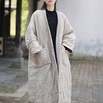 Cotton and Linen Women's Clothing, Retro Ramie Tie-Dyed Cotton Coat, Cool Zen Style, Versatile Warm Lace-Up Cotton Robe