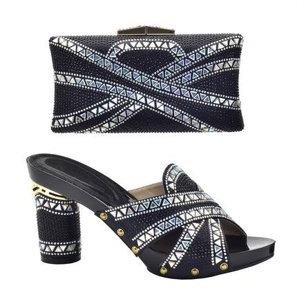 Cross-border Evening with Hot Diamond Shoe Bag Hollow High Heel Round Toe Sandals with Hand Bag Fashion Dinner suit