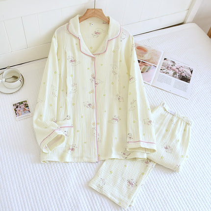 Women's Crepe Lapel Pajamas suit Pregnant Women's Four Seasons Long Sleeve Trousers Cotton Double Gauze Outer Wear Home Wear