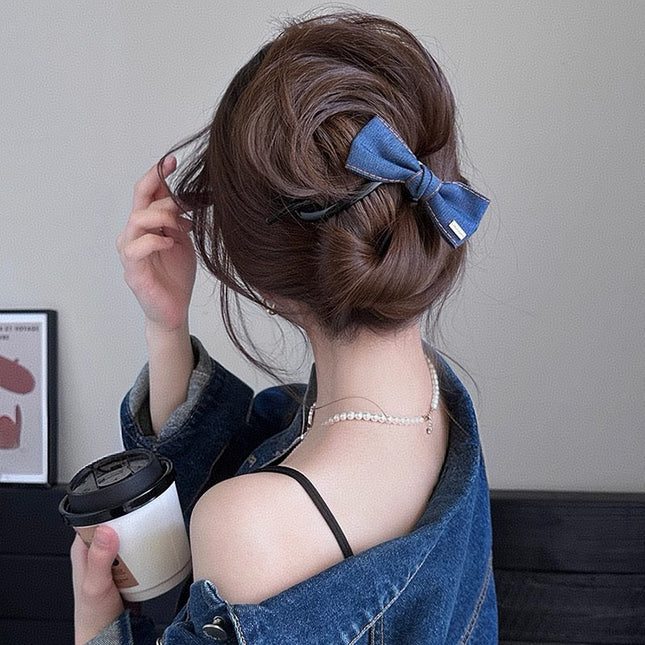 Cross-Border Denim Bow Twist Clip High-End Hair Clip for Women with Hair on the Back of the Head and Elegant Headwear