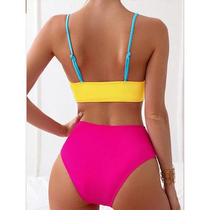Cross-border Color Split Swimsuit Women's European and American Bikini New Sexy Gather High-end Backless High-waist Bikini