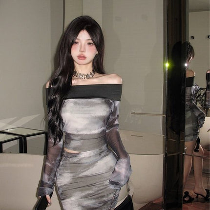 Trendy and Versatile Short Crop Top with Tie-Dye Mesh and One-Shoulder Long Sleeves for Women, Featuring a Pure and Desirable Style