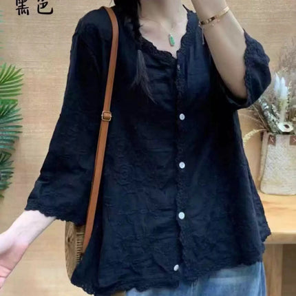 Unique Solid Color Casual Versatile Women's Shirt with Floral Embroidery, Single-Breasted Top, Thin Summer Artistic Blouse
