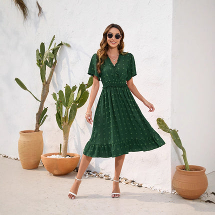 Amazon Cross-Border V-Neck High-Waist Strap Dress Fur Ball Short-Sleeved Dress Casual Vacation Travel Dress