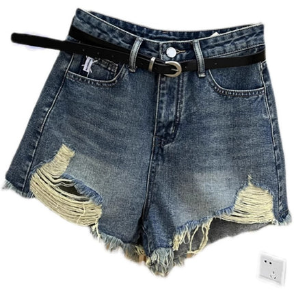 Plus Size Ripped High-Waisted Denim Shorts for Women Summer New Hot Girl Raw Edge Tassel Design American A-Line Hot Pants