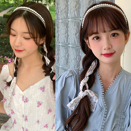 Sweet Floral Pearl Long Strap Hair Band Headband Summer New Sweet Tie Hair One-piece Pressure Hair Headband Women