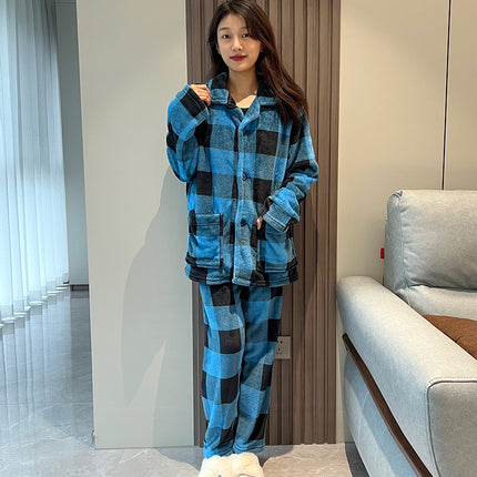 Autumn and winter plaid flannel pajamas set padded warm coral Plaid men's and women's home clothes wholesale