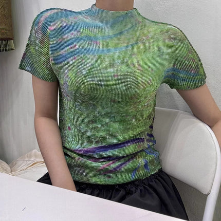 Issey Miyake Summer New Fashion Elegant Pleated Top Digital Printing Easy Care Versatile Pleated Mini Top
