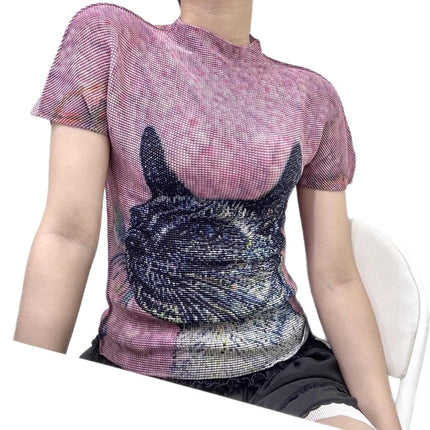 Issey Miyake Summer New Fashion Elegant Pleated Top Digital Printing Easy Care Versatile Pleated Mini Top