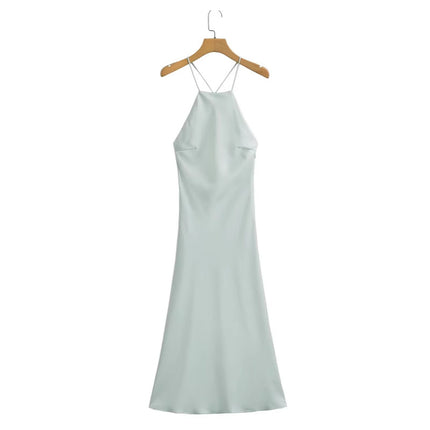 Foreign Trade Cross-Border Women's Clothing 2025 New Summer Style French Sexy Open Back Design Silk Satin Texture Suspender Dress