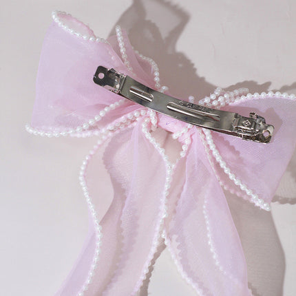 Fashion Mesh Pearl Bow Hairpin Women's Braided Hairpin Pearl Long Ribbon Hairpin Girls' Hair Accessories