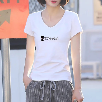 2025 New Summer White Short-Sleeved T-Shirt Women's V Neck Printed Korean Style Foreign Style Slim Shirt Simple Half-Sleeved
