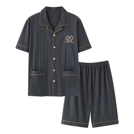 New Cotton Pajamas Men's Summer Short-sleeved Shorts Cardigan Lapel Home Clothes Summer Plus Size Loose Set