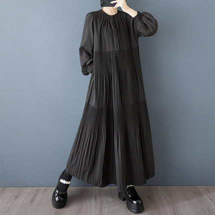 Real shot spring and autumn new dark style solid color long sleeve dress pleated loose fashion plus size women's dress dress